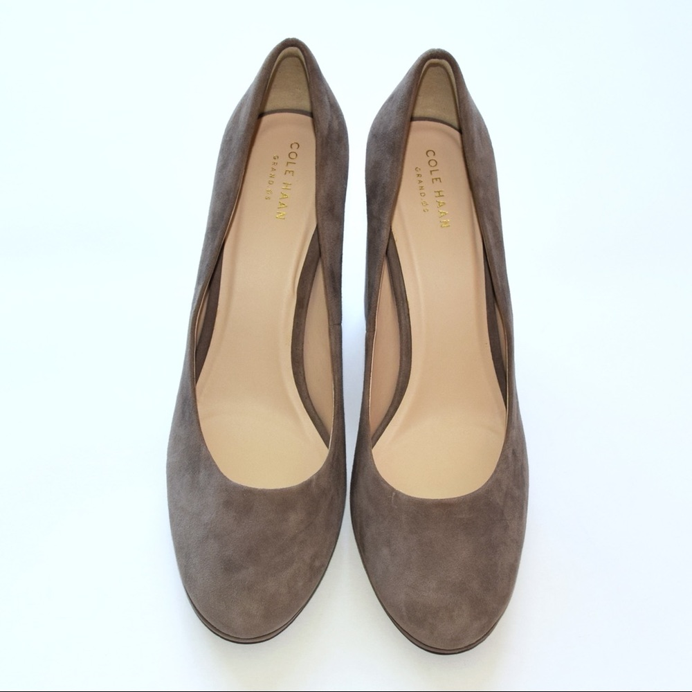 Cole Haan gray suede block heel pumps